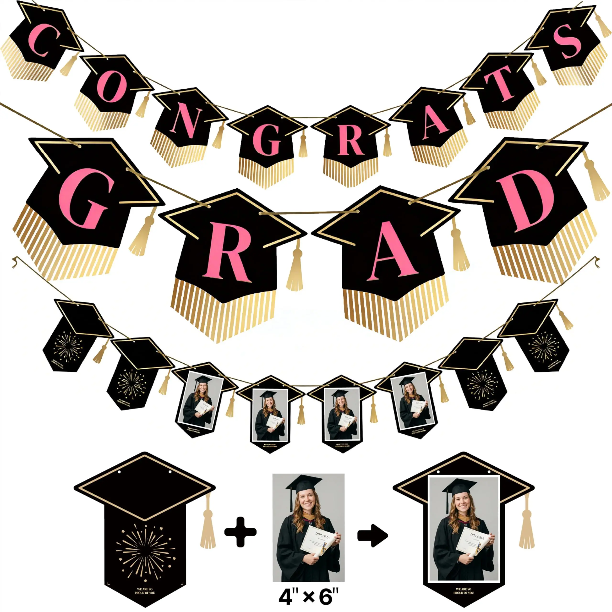 PartyWoo Class of 2026 Black-Pink-Gold Graduation Hanging Banners, 2pcs Party Decorations Banners, Congrats Grad Supplies for High School Graduation, Festive Home Decor Gift