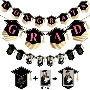 PartyWoo Class of 2026 Black Pink Gold Graduation Banner Decorations 2pcs Black Pink Gold 2026 Hanging Congrats Grad Party Banner Supplies for Middle High School College Graduation Party Decorations