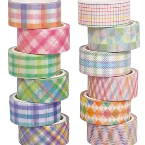 Basic Grid Washi Tape Set 12 Rolls Plaid Decorative Masking Tapes for Arts, DIY Crafts, Journals, Planners, Scrapbook, Wrapping (Purple)