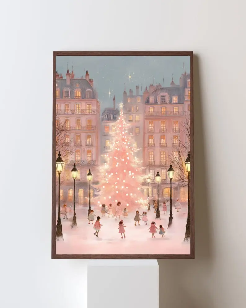 Pink Christmas Tree Print-Cozy Christmas Village Print, Snowy Town Scene Art, Winter Holiday Decor, Festive Home Decor, Holiday Wall Art