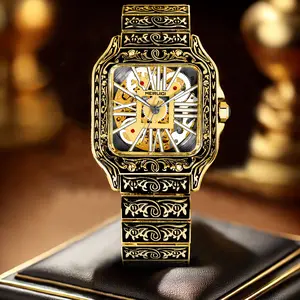 MEIRUIQI Golden Luxury Automatic Mechanical Watch Men's Skeleton Square Wristwatch Jewelry