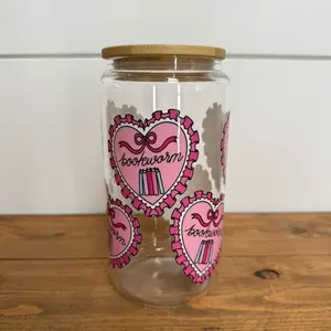 Bookworm Glass Cup 16 oz - Coquette Heart Iced Coffee Cup, Cute Reader Gift, Book Lover, Bookish Cup