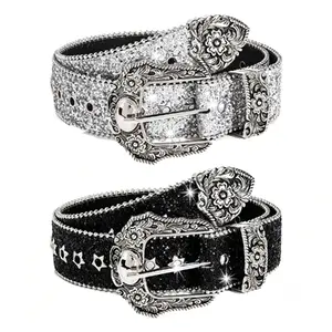 Women Men Rhinestones Belt, Hip Hop Rhinestone Y2K Belts for Women, Trendy Solid Color Shiny Waist Belt, Fashion Sparkling Belt for Jeans Pants Daily Wear | Bling Western Cowgirl Cowboy Studded Leather Belt Diamond Waist Belt for Jeans & Pants