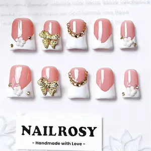 10Pcs Handmade Acrylic Press on Nails Kit - Short Duck Pink & White, Bow Floral, Y2K 2026 Spring-Summer Design, Chic French Style, Cute Kawaii, Glossy Shine, Stick on Nails with Apply Base & Acrylic Manicure Box