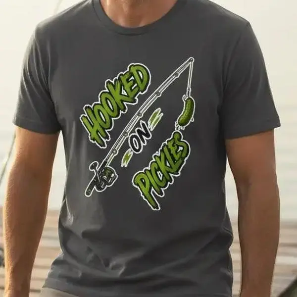 Hooked on Pickles Fishing T-Shirt | Fishing Graphic Cotton Knit Relaxed Fit Tee