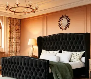 Modern Bed Frame with Wingback Headboard, Upholstered Bed Frame with Handmade Button Tufted & Nailhead, Wooden Slats Support/Luxury Bedroom Furniture/Queen/King/California King Size/Best Gift Ideas/Christmas Gifts