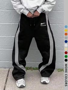 men's letter & stars & striped print drawstring waist sweatpants, regular fit casual street elastic waist pants for fall & winter, men's trousers for daily wear, mens pants, sports pants