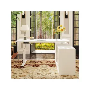 FUFU&GAGA L Shaped Electric Standing Desk with Drawers and Shelves, Height Adjustable & Shape Reversible Stand up Desk, 63" Computer Desk Executive Corner Desk Furniture Office