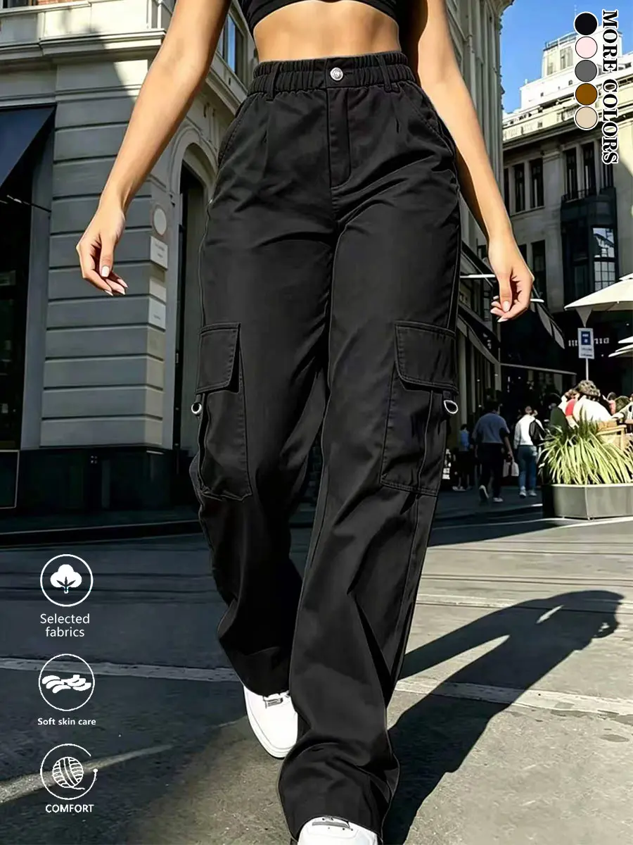 LIFE KEEPS MOVING Women’s street casual cargo pants with elastic waistband and pockets, high-waisted cargo pants, straight-leg outdoor casual pants, versatile wide-leg pants, suitable for all seasons