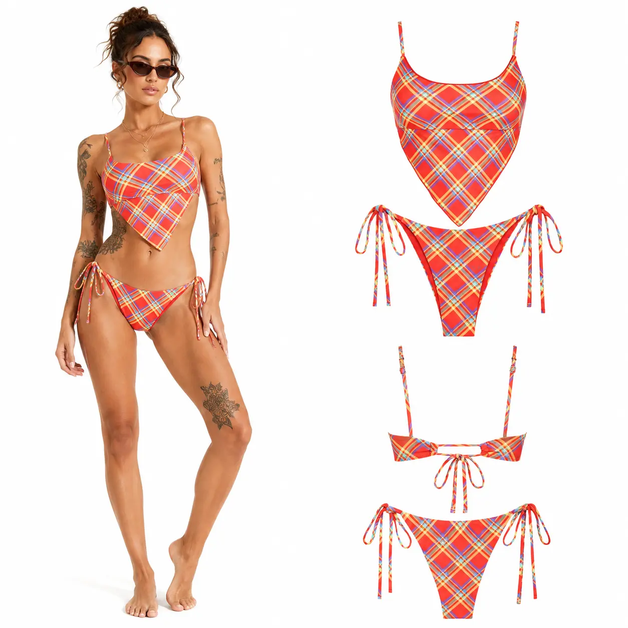 SEAMOLY Women's Tankini Swimsuit, Gingham Hanky Hem Bathing Suit Women Set with Adjustable Ties, 2-Piece Resort Wear Outfit