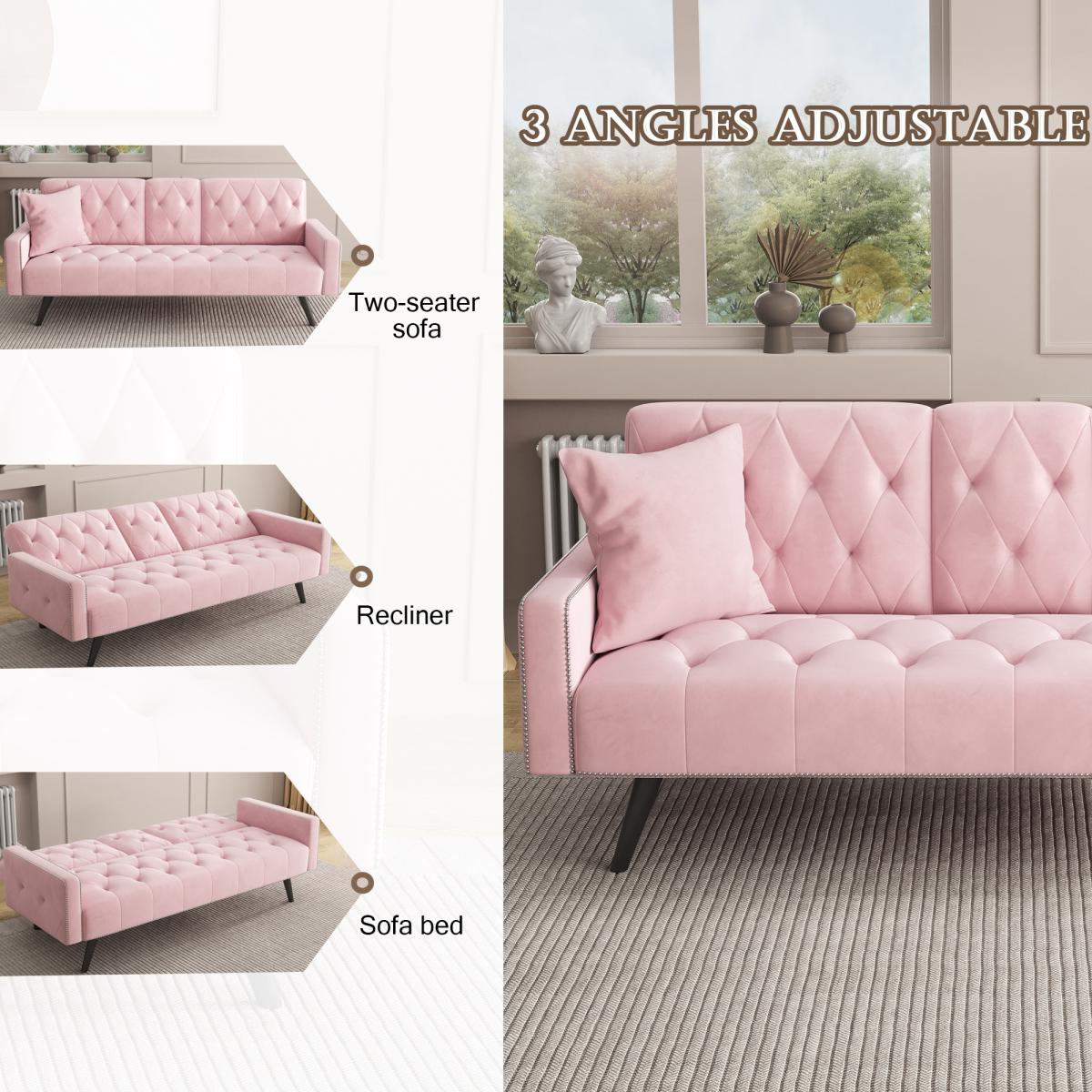 1730 Sofa Bed Armrest with Nail Head Trim with Two Cup Holders 72" Pink Velvet Sofa for Small Spaces 1730 Sofa Bed Armrest with Nail Head Trim with Two Cup Holders 72" Pink Velvet Sofa for Small Spaces