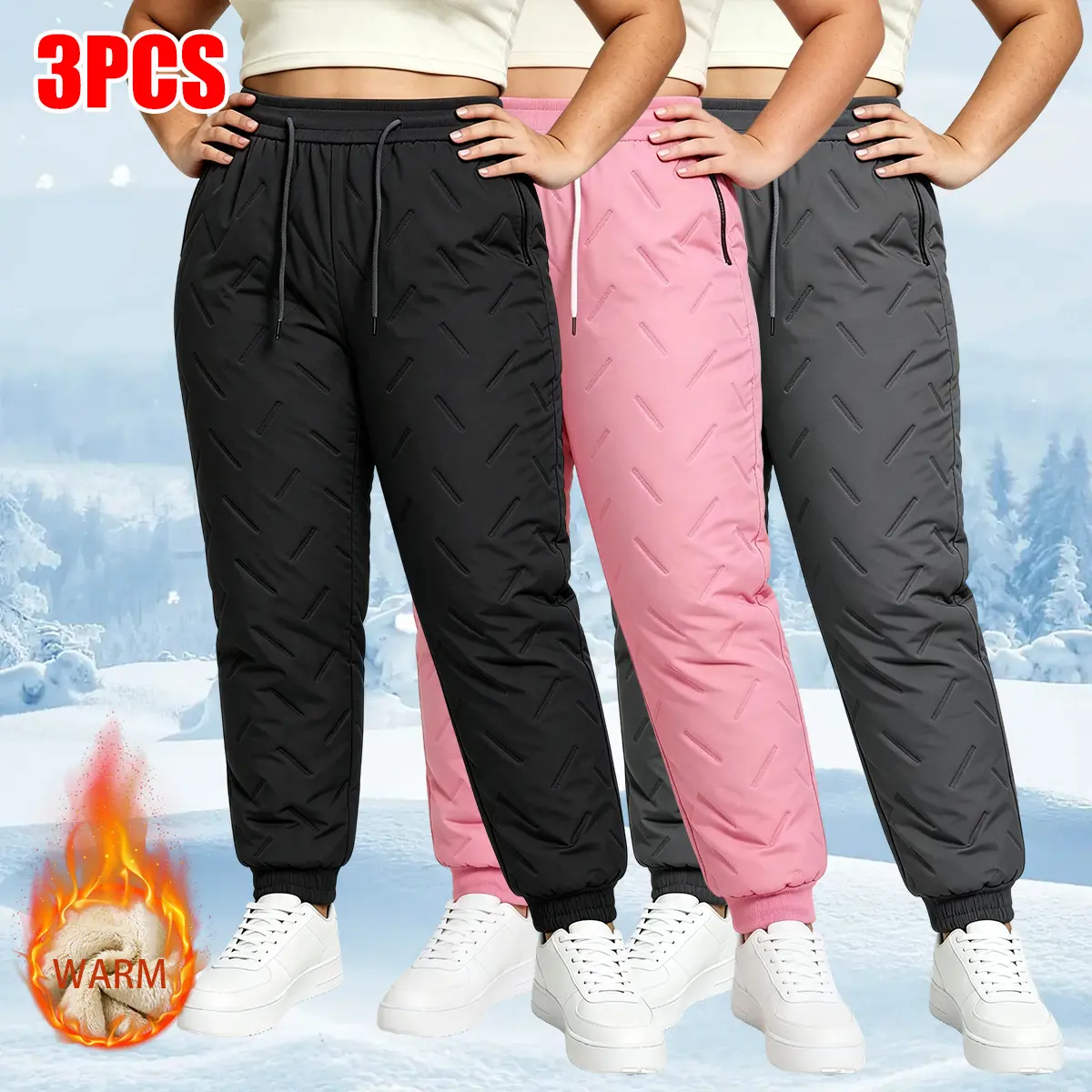 JOGWAVE Women's 3-Piece Full-Length Pants Set for Women, Polyester Thick Textured Fleece-Lined, Drawstring Waist, Spiral-Patterned Elastic Leg Openings, Casual Street Style, Suitable for Everyday Wear, Hiking