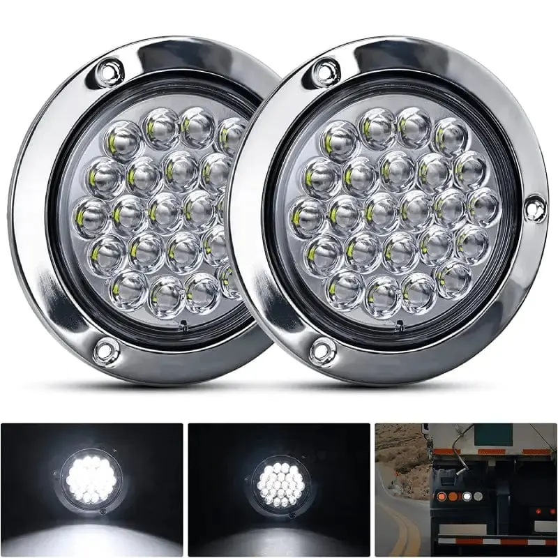 Nilight 4-Inch White Round Steel Chrome Tail Lights with 24-LED, Waterproof ABS Shell Surface Mount Pair, LED Backlights for Truck Upgrades
