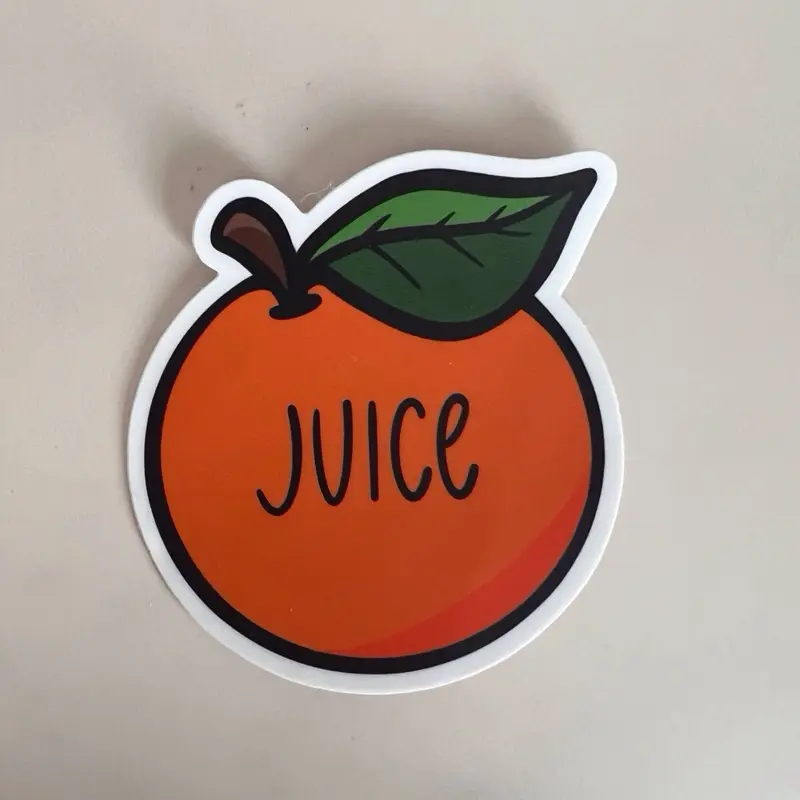 Orange Fruit Juice Sticker Vinyl 2.97"x3" Vibrant Design with 'Juice' Text for Fresh Juice Lovers Durable Vinyl Material Easy Application