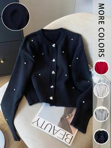 women's casual knit sweater cardigan, round neck solid color heart button design, sequins beaded embroidery, fall & winter fashion