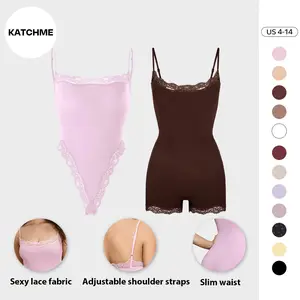Women's Spaghetti Strap Lace Trim Breathable Quick-Drying Flexible Bodysuit, Chic Lightweight High Stretch Playsuit, Seamless Basic Skin-Friendly Outfits (CN)