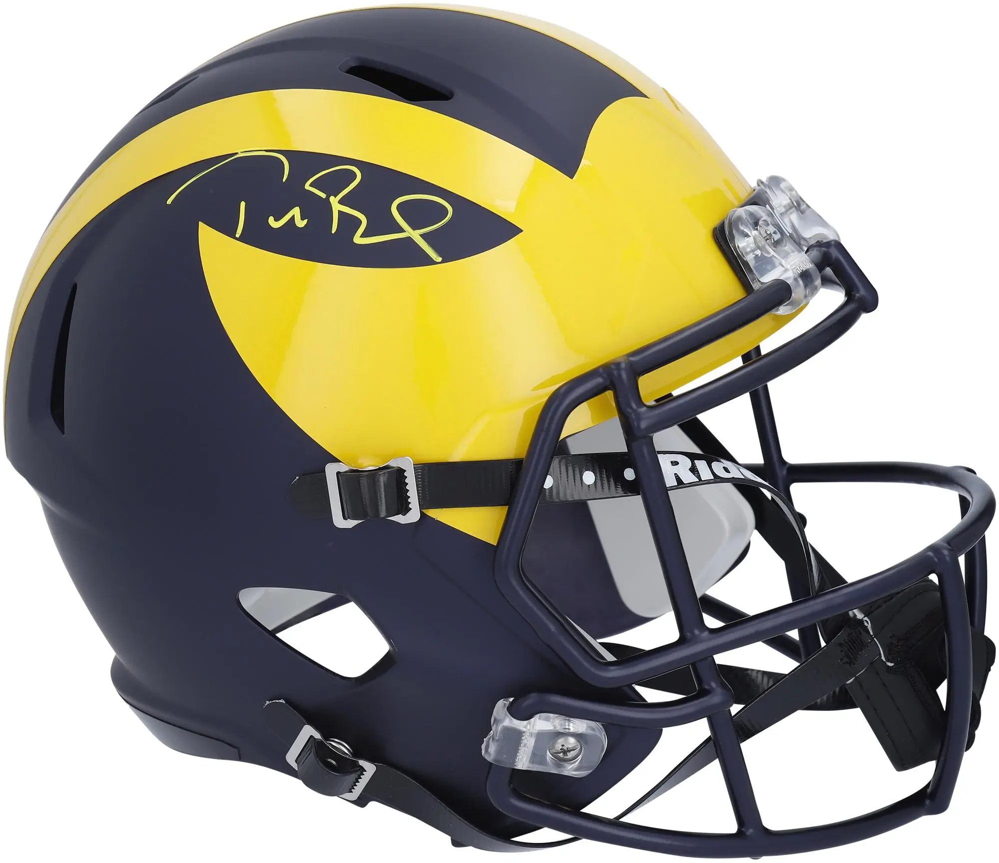 Tom Brady Michigan Wolverines Autographed Riddell Replica Helmet (Signed in Yellow Paint) - Fanatics Authentic Certified