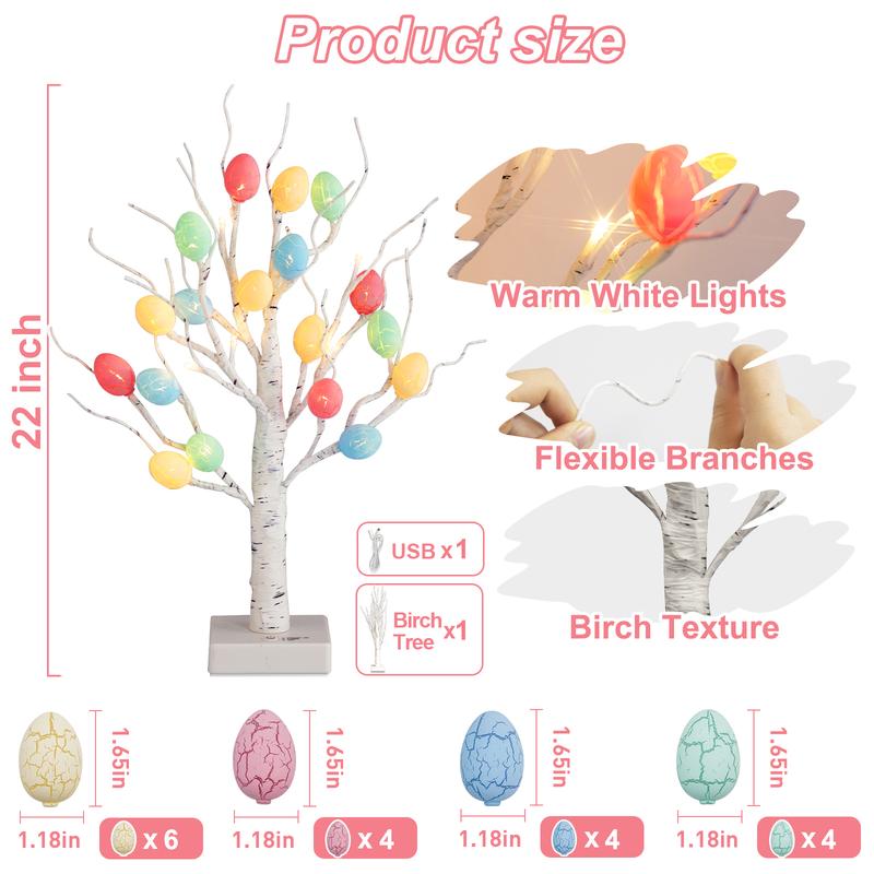 EAMBRITE Easter Decorations 22" Lighted Tabletop Tree with 18 Cracked Eggs White Birch Design USB Battery Powered for Indoor Home Spring Decor