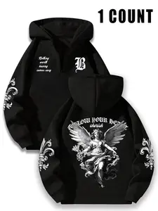 Unisex Angel Letter Graphic Print Fitted Hoodie, Half-Zip Fall Winter Streetwear, Gothic Style Casual Fashion, Men's Daily Wear Back-To-School, Sweatshirts