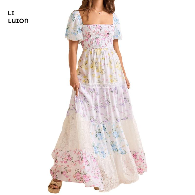 Women Summer Beautiful Colorful Floral Print  A-line Dress Casual Ruffled Hem Short Sleeve Party Dress For Cocktail Streetwear Elegant Fashion Beach Womenswear