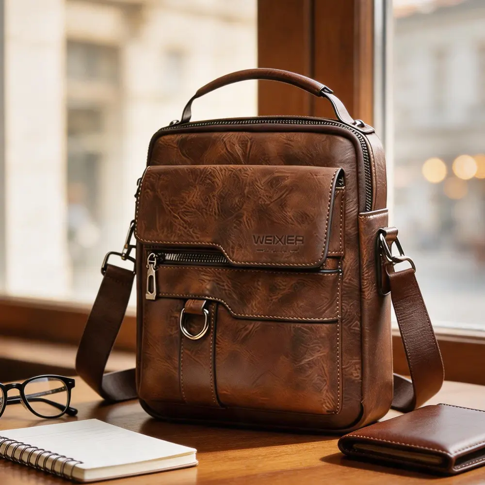 WEIXIER Men's Vintage PU Leather Crossbody Bag, Business Casual Commuter Messenger Bag with Adjustable Strap and Zipper Pockets for Everyday Carry, Casual Crossbody Bag