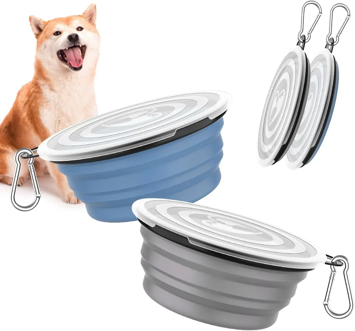 Collapsible Dog Bowls 2 Pack, Silicone Feeding Watering Bowls with Lids & Carabiners for Dogs Cats, Portable Water Feeder Food Bowl for Walking Traveling Home Use, 1000ml, Blue + Grey