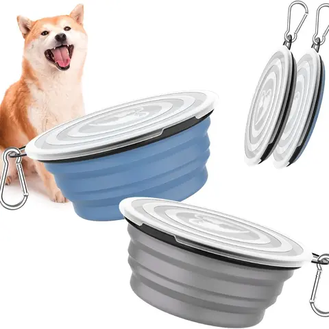 Dog Silicone Feeding Set - Durable 2-Pack Fold-Flat Travel Bowls with Lids, Carabiners, Silicone Liquid Feeder, 1000ml Portable Food Water Dishes for Walking (Blue&Gray)