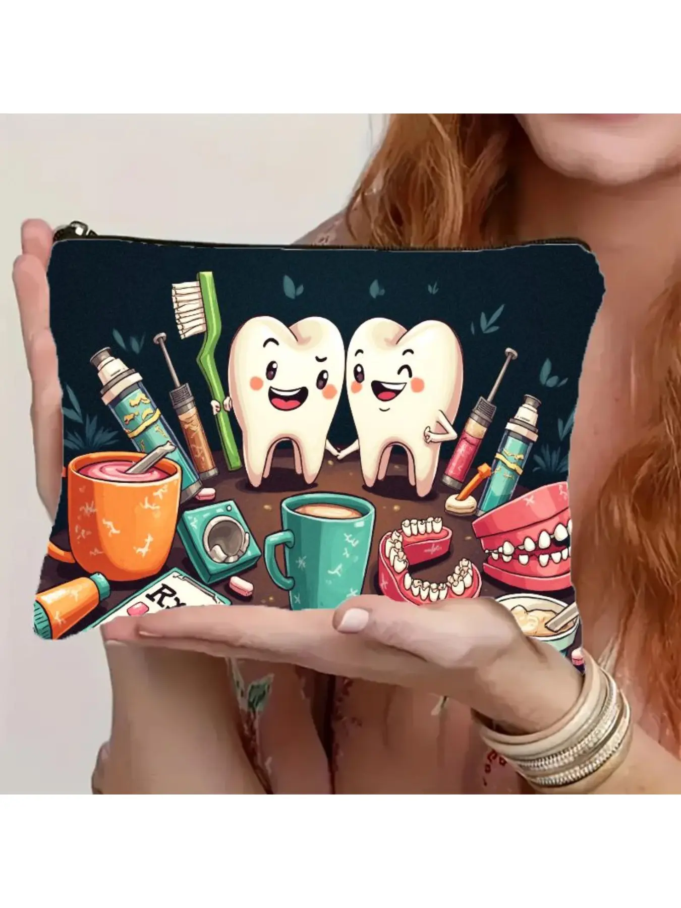 1pc Dental Storage Bag Compatible for Dentists, Dental Students & Patients - 2D Flat Toothbrush, Dental Tools & Cup Organizer - Compact Tooth-Themed Case with Zipper Closure, Machine-Washable for Clinic, Travel, School - Fun for dentists, dental