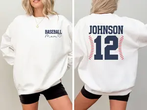 Personalized Baseball Mama Sweatshirt T-shirt, Custom Name Number Game Day Tee, Proud Baseball Mom Front Back Pullover, Team Spirit Crewneck Shirt, Gift For Her, Unisex Cotton Top