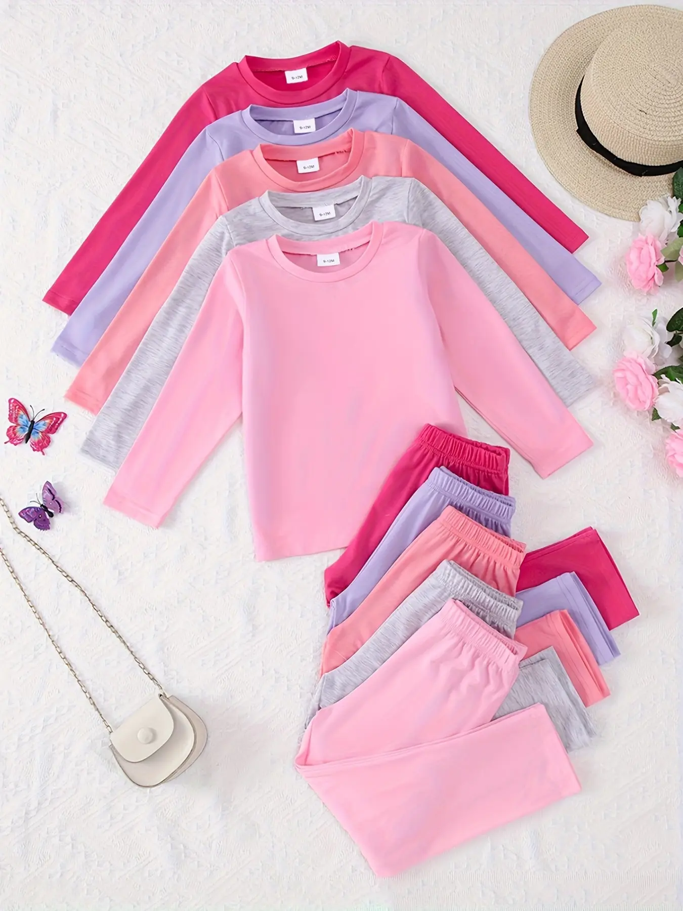 Baby Toddler Soft Cozy Comfortable Casual Knit Fabric Solid Color Long Sleeve Top and Pants Set, Baby Clothing, Outfits, 10 Piece Pack, Ideal for Daily Wear