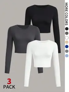 Women's Solid Round Neck Crop Tee, Classy Casual Long Sleeve Crew Neck T-shirt for Spring & Fall, Fashion Women's Top for Daily Wear, Womenswear