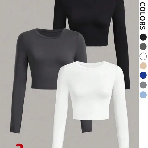 Women's Solid Round Neck Crop Tee, Classy Casual Basic Long Sleeve Crew Neck T-shirt for Spring & Fall, Fashion Women's Top for Daily Wear