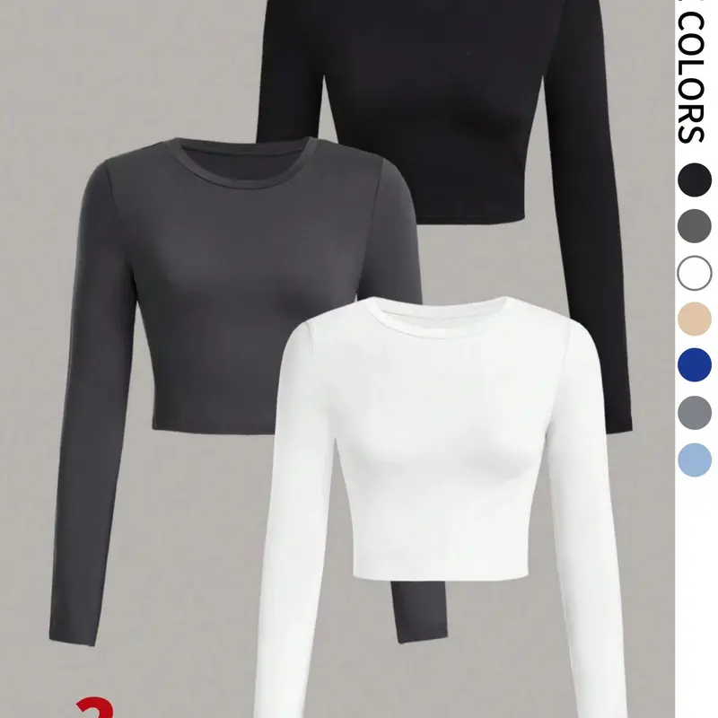Women's Solid Round Neck Crop Tee, Classy Casual Basic Long Sleeve Crew Neck T-shirt for Spring & Fall, Fashion Women's Top for Daily Wear