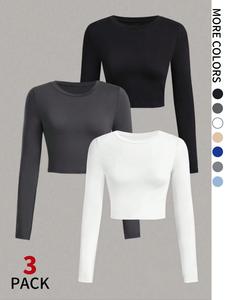 women's solid round neck crop tee, classy casual long sleeve crew neck t-shirt for spring & fall, t shirts for women, fashion women's top for daily wear, womenswear