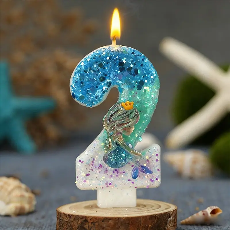 1pc Ocean Beach Crown Mermaid birthday cake candles, glitter number candle cake decorations for anniversaries, handmade creative birthday candles