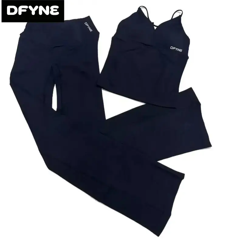 DFYNE Women's Seamless 2 Piece Workout Set, V Neck Strappy Tank Top with Crossover Waist Flare Leggings for Yoga Pilates Gym Fitness