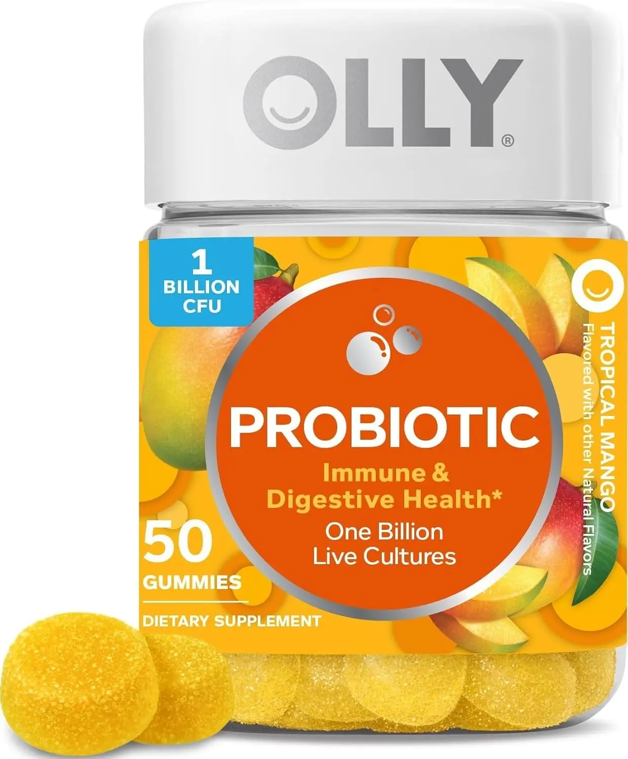 OLLY Probiotic Gummy, Immune System & Digestive Support*, Mango - 50 Count Gut Health Support, 1 Billion CFU, Gluten Free, No Synthetic Colors, No Synthetic Flavors