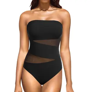 Holipick Strapless One Piece Swimsuits for Women Bandeau Bathing Suits Mesh Cutout Swimwear