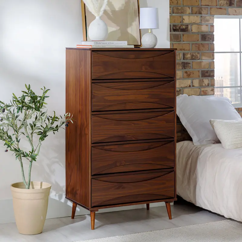 Walker Edison Atticus 5-Drawer Chest - 30 in. Walnut, 1960s Style, Aesthetic Organizational, All-Wood, Analog Retro Indoor Cupboard Cabinet (Model BR5DATTDRWT-T), 1960S Style Chest Of Drawers, Aesthetic Organizational Chest Of Drawers