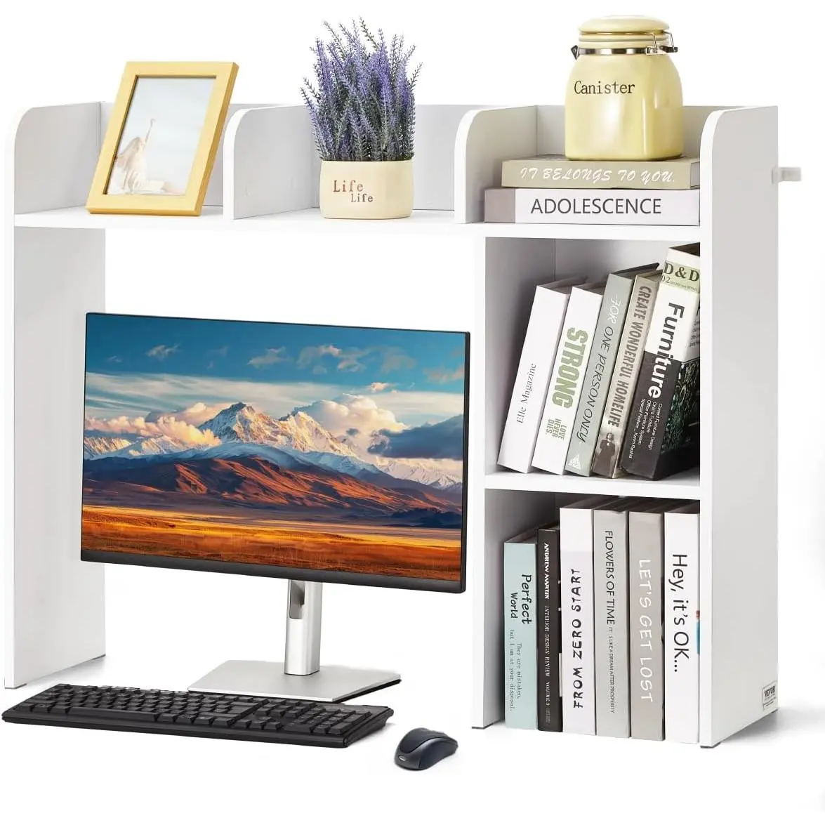 VEVOR Wood Desktop Storage Hutch - 3-Tier 6-Shelf Organizer with 132 lbs Capacity, Anti-Slip Pads, Magazine Rack for Computer Desk/Office Desk, Students & Home Use, White, Dorm