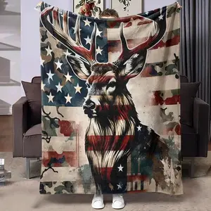 Deer & American Flag Pattern Blanket, 1 Count/2 Counts Soft Warm Throw Blanket, Air-conditioned Room Accessories Blanket for Home Office Travel Camping, Cozy Chic Blanket