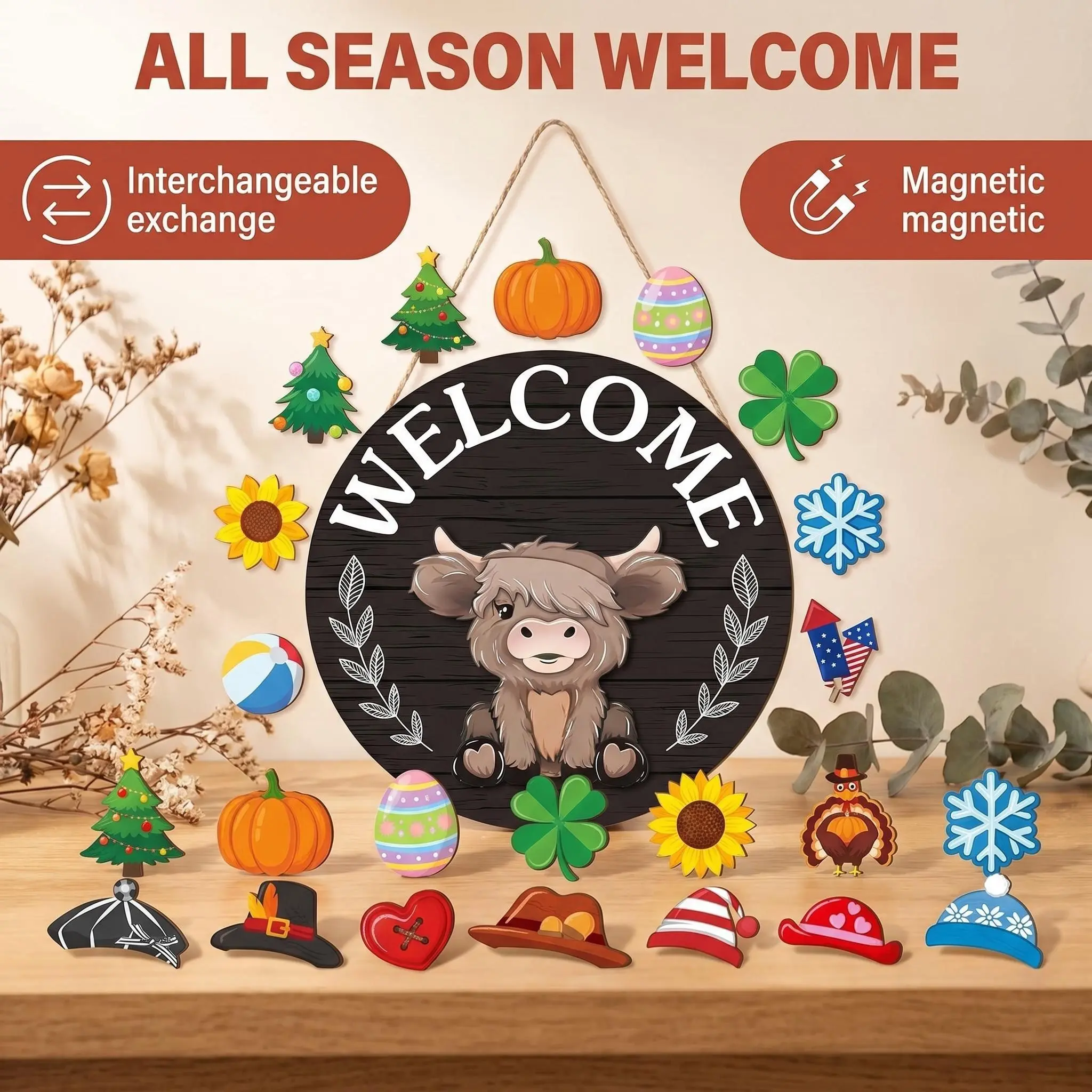 Easter Highland Cow Decorative Sign, with interchangeable welcome sign, equipped with a magnetic detachable hat, cute cow-shaped ornament, suitable for Easter holidays, seasonal western cow decoration, birthday, home wall, living room, garden, farm, porch