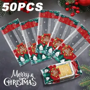 50pcs Christmas Transparent Snack Candy Bags, Gift Packaging Bags, Holiday Baking Dessert Cookie Self-sealing Bags, Exquisite and Beautiful Baking Snack Gift Bags