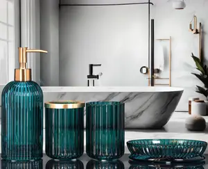 4 Piece Heavy Weight Patterned Glass Brushed Gold Metal Luxury Bathroom Accessory Set with Lotion Dispenser, Toothbrush Holder, Tumbler & Soap Dish | Modern Gift