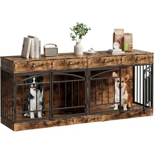 Garvee 78.7" Extra Large Double Dog Crate Furniture for 2 Dogs, Indoor Wooden Kennel with 4 Storage Drawers & Feeding Bowls, Multifunctional TV Stand Style Dog House for Small & Medium Pets, Modern Sturdy Pet Crate Side Table, Heavy Duty, Gray/Brown