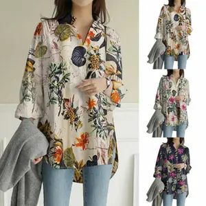 Cross-border 2024 independent station long-sleeve loose plus-size cotton-linen printed top — loose and fashionable