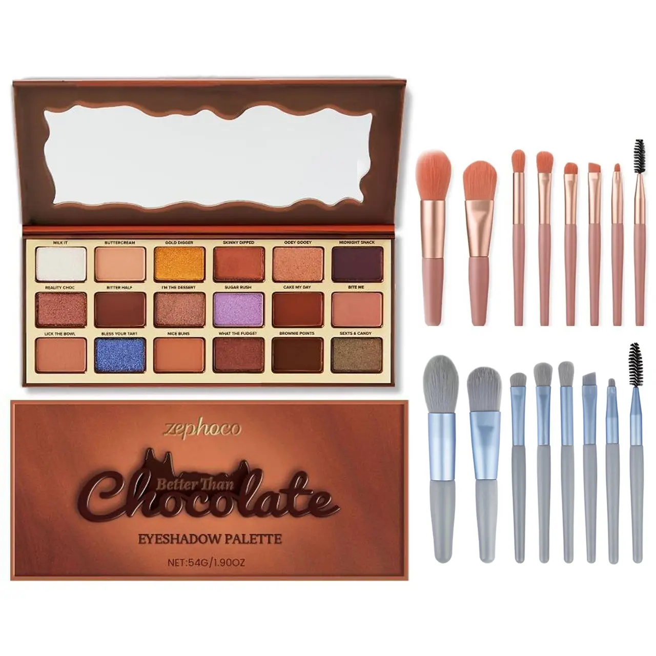 Chocolate-style eyeshadow palette + 8-piece makeup brush set, Cosmetic, with macaron brushes, lip brush, eyeshadow brush, blush brush, contour brush. Easy to carry for travel, with earthy tones and highlighter, suitable for daily commutes