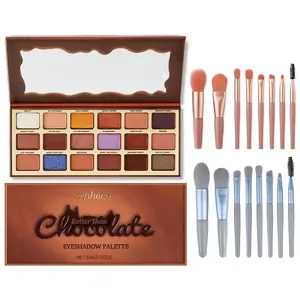 Chocolate-style eyeshadow palette + 8-piece makeup brush set, Cosmetic, with macaron brushes, lip brush, eyeshadow brush, blush brush, contour brush. Easy to carry for travel, with earthy tones and highlighter, suitable for daily commutes