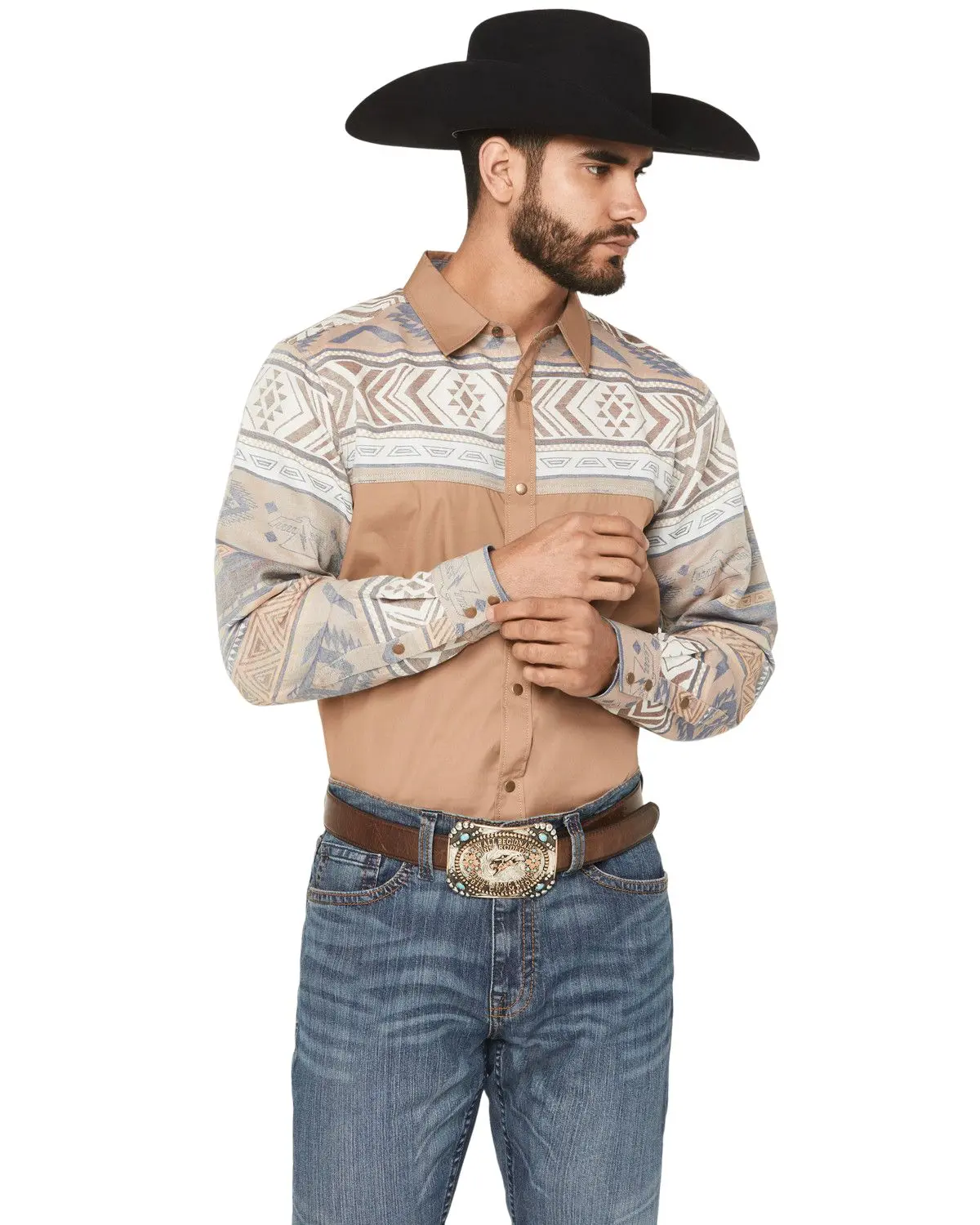 Cody James Men's Men'S Bronco Southwestern Block Long Sleeve Snap Western - Cjfa25w19-Tan