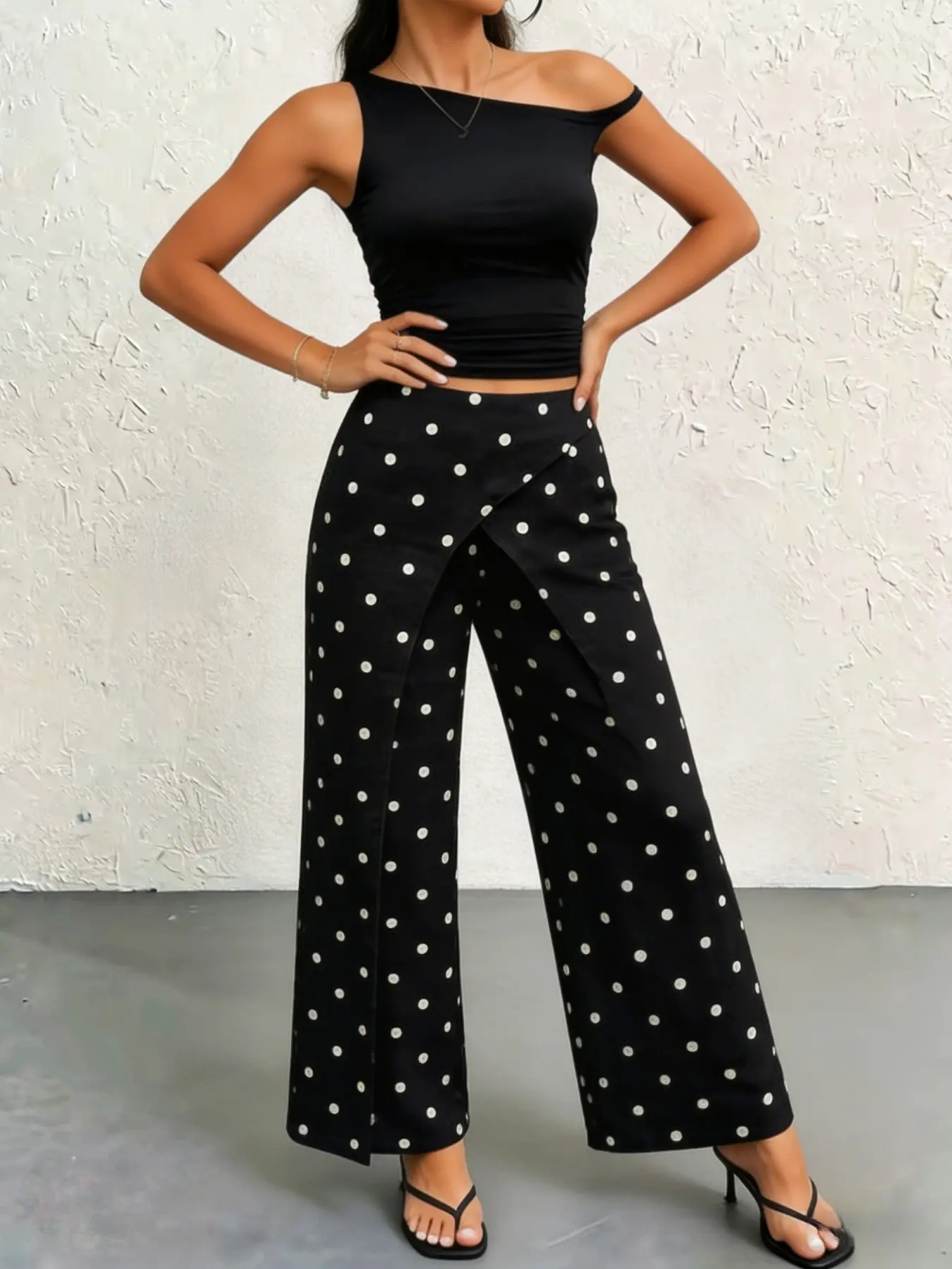 French Retro Polka Dot Overlay High Waist Wide Leg Pants Office Casual Polka Dot High Waist Flowy Wide Leg Trousers Vacation Resort Polka Dot High Waist Asymmetric Overlay Wide Leg Pants